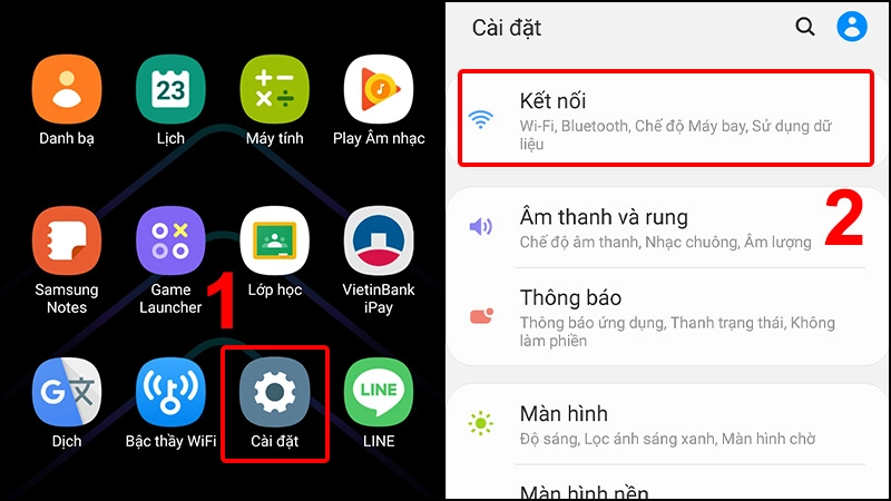 Giao diện cài đặt với các tùy chọn như Wi-Fi, Bluetooth.